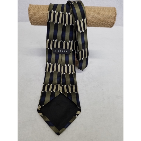 Ziggurat Tie Geometric Green Blue Beige Silk - Picture 2 of 2